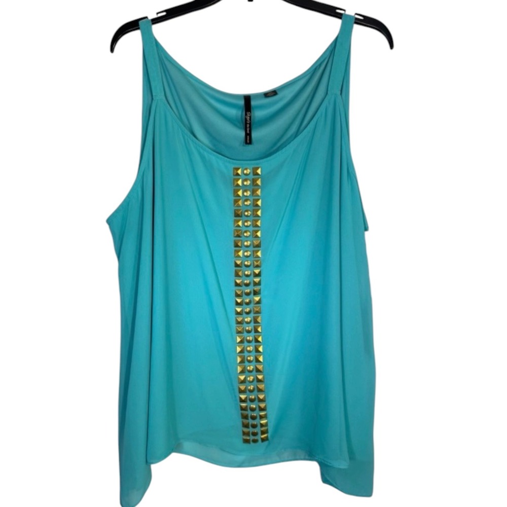 Skyes the Limit Woman 2X Aqua Blue Studded Sleeveless Tank Top Modern Nomad NEW